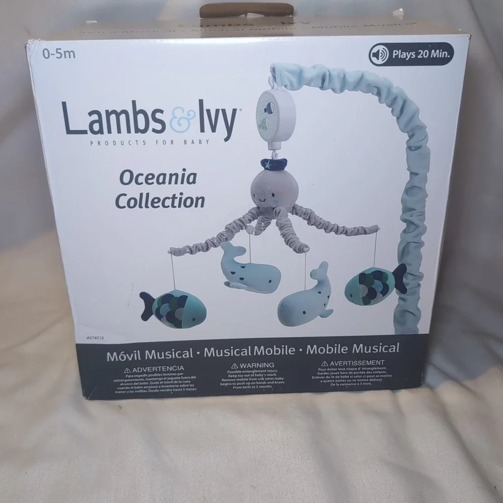 Lambs & Ivy Oceania Blue/Gray Whale/Fish Nautical/Ocean Musical Baby Crib Mobile